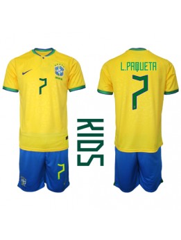 Brasilien Lucas Paqueta #7 Heimtrikotsatz für Kinder WM 2022 Kurzarm (+ Kurze Hosen)